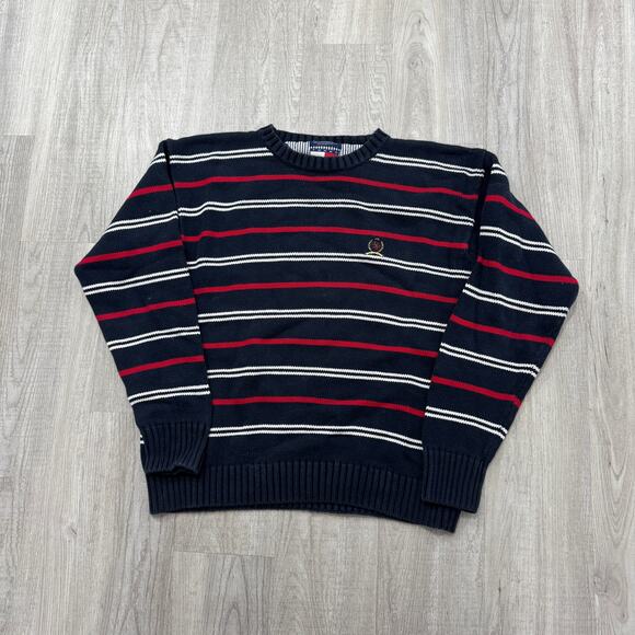 Vintage Tommy Hilfiger Sweater Men's Large Striped Knit Crewneck Hip Hop Skater - Picture 1 of 7